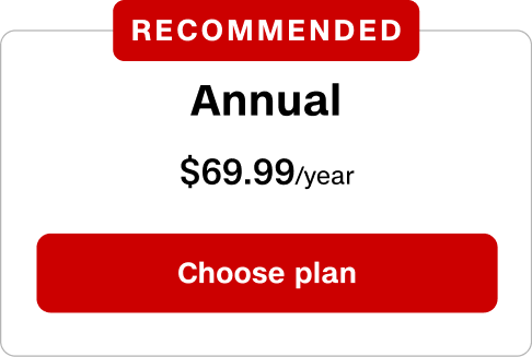 Recommened, Annual plan $69.99/ year. Choose Plan.