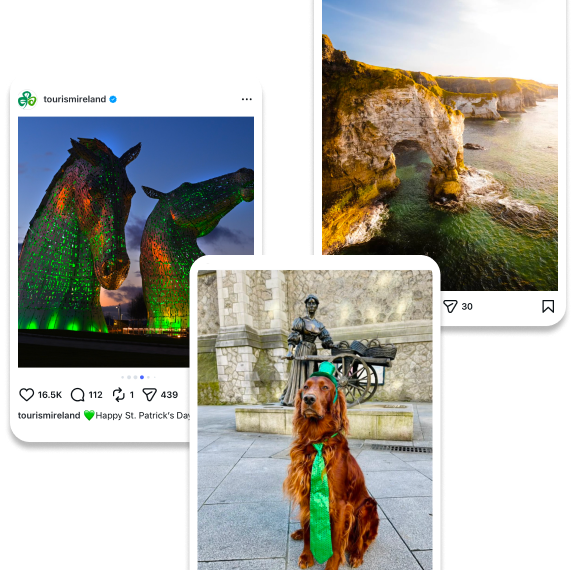 Instagram-style posts of The Kelpies horse sculptures illuminated in green light, The Wishing Arch above clear green water, and a golden retriever wearing a green tie in front of the Molly Malone Statue.