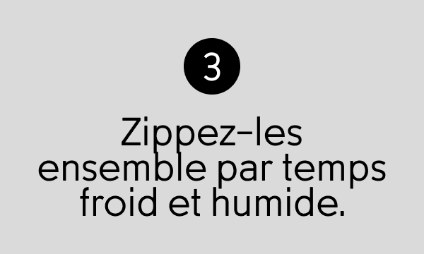 Zippez-les ensemble par temps froid et humide.